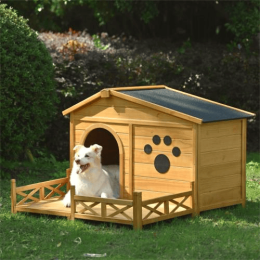 48 Wooden Doghouse Outdoor With Porch, Dog Kennel With Water-Resistant Asphalt Roof And Fencing-Natural