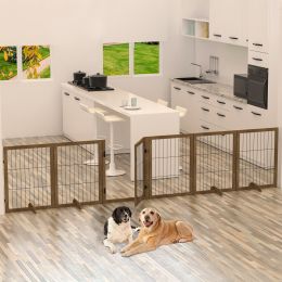 Dog Gate With Door Pet Dog Fence Barrier,6 Panels 144-inch Wide 32-inch Tall, Foldable Multiple Shapes: Brown