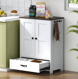Dog Food Storage Cabinet With Hidden Dog Bowls, Adjustable Panel, Hooks, For Medium Sized Dogs: White