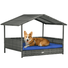 PawHut Wicker Dog House Outdoor With Canopy, Rattan Dog Bed With Water-resistant Cushion, For Small And Medium Dogs, Dark Blue-Blue