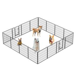 Dog Pens Outdoor 16 Panels Metal Portable Dog Playpen Dog Fence With Doors-Black