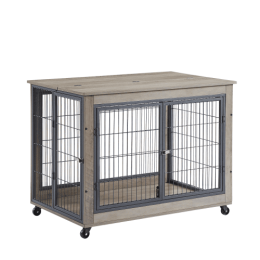 Furniture Style Dog Cage Side Table With Wheels With Double Doors And A Raised Top- Grey