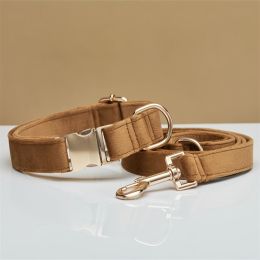 Multiple Colour Velvet Personalise Dog Collar Leash Set With Bow: Coffee set-M