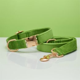 Multiple Colour Velvet Personalise Dog Collar Leash Set With Bow: Green set-M