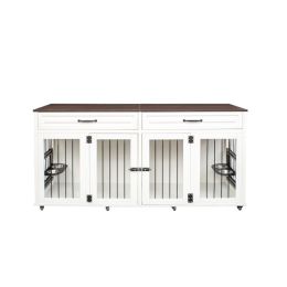 Heavy Duty Dog Cage with Double Door Pet House Wooden Cage- White and Walnut