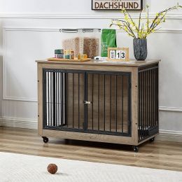 Dog Crate Side Table With Rotatable Feeding Bowl Three Doors Flip-Up Top Opening- Grey