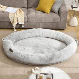 Fluffy Plush Dog & Human Bed With Storage Pocket: Light Gray
