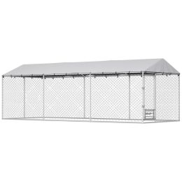 Dog Kennel Outdoor Dog Run Waterproof UV-Resist Cover Lockable Door Adjustable Bowls 20 x 7.5 x 6.5ft: Silver
