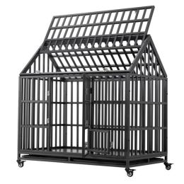 Heavy Duty Dog Cage Pet Cage with Roof and Roof Windows-Black