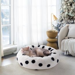 MEWOOFUN - 23 Inch Round Washable Pet Bed With Non-Slip Bottom, Plush Fluffy Small Bed For Puppies & Kittens, Black Dot