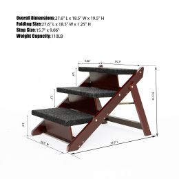 Wood Pet Stairs Pet Steps Foldable 3 Levels Dog Stairs & Ramp Perfect For Beds And Cars Portable Dog Cat Ladder Up To 110 Pounds-Black Brown