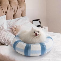 MEWOOFUN Plush Round Calming Washable Pet Bed With Non-Slip Bottom, Soft Fluffy Bed For Puppy & Kitten, 23 Inch Blue Striped