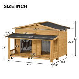 Large Wooden Doghouse Outdoor Hut Style With Porch, 2 Doors-Solid Wood