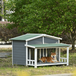 GO 47.2 Large Wooden Doghouse Outdoor & Indoor Dog Crate, Cabin Style, With Porch, 2 Doors-Gray And Green