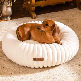 MEWOOFUN Donut  Bed For Puppies/Small Dogs - Calming Round Fluffy Pet Bed With Non-Slip Bottom, Washable Bed 25x25x7 Inch, Cream