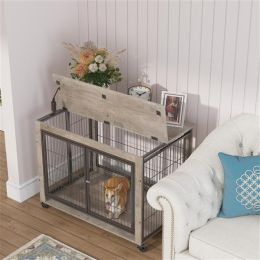 Furniture Style Dog Cage Edge Table with Wheels, Equipped with Double Doors and a Raised Tabletop-Grey