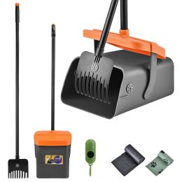 1Set Pooper Scooper Kit Dog Poop Rake & Swiveling Bin Poop Heavy-Duty Pick-Up Tool With Extra Long Handle, 35 Waste Bags Dispenser: Black