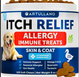 Dog Allergy Relief Chews Itching Skin Relief , Seasonal Allergies, Skin & Coat Anti ItchHot Spots Treatment,  120 Soft Treats: Artullano