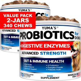 2 Pack Chew Probiotics For Dogs,  Anti Diarrhea Upset Stomach Gas Relief Constipation, Canine Prebiotic Pet Fiber Supplement,340 Chews: YumaS