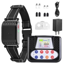 990FT Range Dog Wireless Fence Remote Training Collar IPX6 Waterproof Receiver With 0-9 Levels Beep Vibration Shock Mode 4 Channels : Black