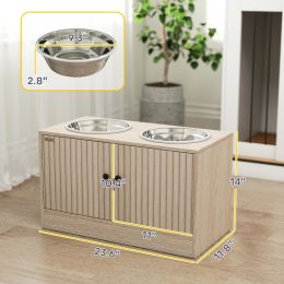 Large Feeding Dog Bowl Stand With 2 Stainless Steel Bowls, Storage Drawer, And Slow Feeder Mat: Oak 23.6" W x 11.8" D x 13.8" H