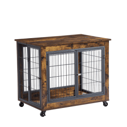 Furniture Style Dog Crate Side Table On Wheels With Double Doors And Lift Top- Rustic Brown