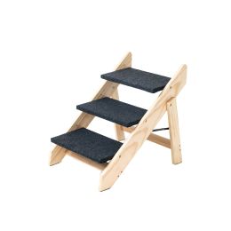 Wood Pet Stairs Pet Steps  Foldable 3 Levels Dog Stairs  Ramp Up To 110 Pounds-Grey wood