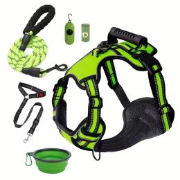 Tactical Service Dog Harness Strap Set, Car Seat Belt, Collapsible Bowl, Biodegradable Trash Bag Set For Dogs: Green-XS