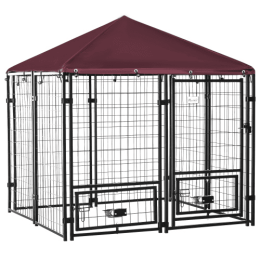 Outdoor Kennel With Rotating Bowl Rack, Waterproof And UV Resistant Awning- Black and Red