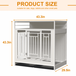 43.3 Inch Large Dog Kennel Furniture, Wooden Kennel With Divider-White