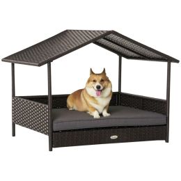 Wicker Dog House Outdoor with Canopy, Rattan Dog Bed with Water-resistant Cushion, Small, Medium Breeds up to 66 lbs, 20" in Length