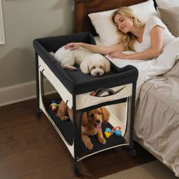 Elevated Lounge Pet Bed, Foldable Bunk Dog Bed With 600D Oxford Cloth And Dutch Velvet, Portable Raised Cot With Wheels