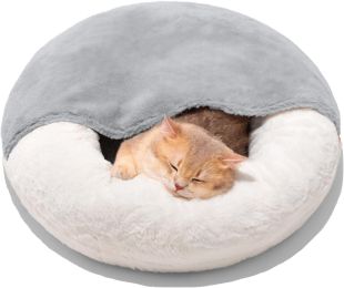MEWOOFUN Enclosed Bed Cave - Washable With Blanket & Non-Slip Base For Cats & Small Dogs 22'' X 22'', White
