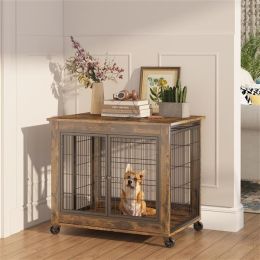 Furniture Style Dog Cage Edge Table with Wheels, Double Doors, Adjustable Height- Rustic Brown