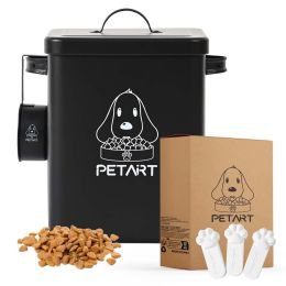 Dog Food Storage Metal Container, With Spoon & Cute Desiccant - Black-7x6x9inch