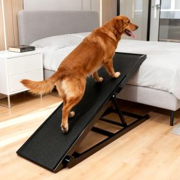 Dog Ramp For Couch Or Bed, Folding Wooden Pet Ramp With Anti-Slip Rubber Mat & 3 Removable Safety Side Rails: Black