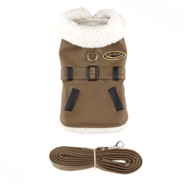 Brown and Black Faux Leather Bomber Dog Coat Harness and Leash (Color/Size: 2X-Large)