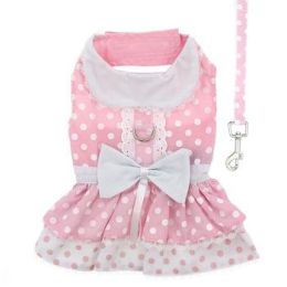 Polka Dot and Lace Dress Set with Leash (Color/Size: Pink, Large)